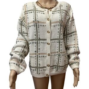 Vintage Long Sleeve Cream Stripes Cotton Blend Academia Cardigan Sweater Large